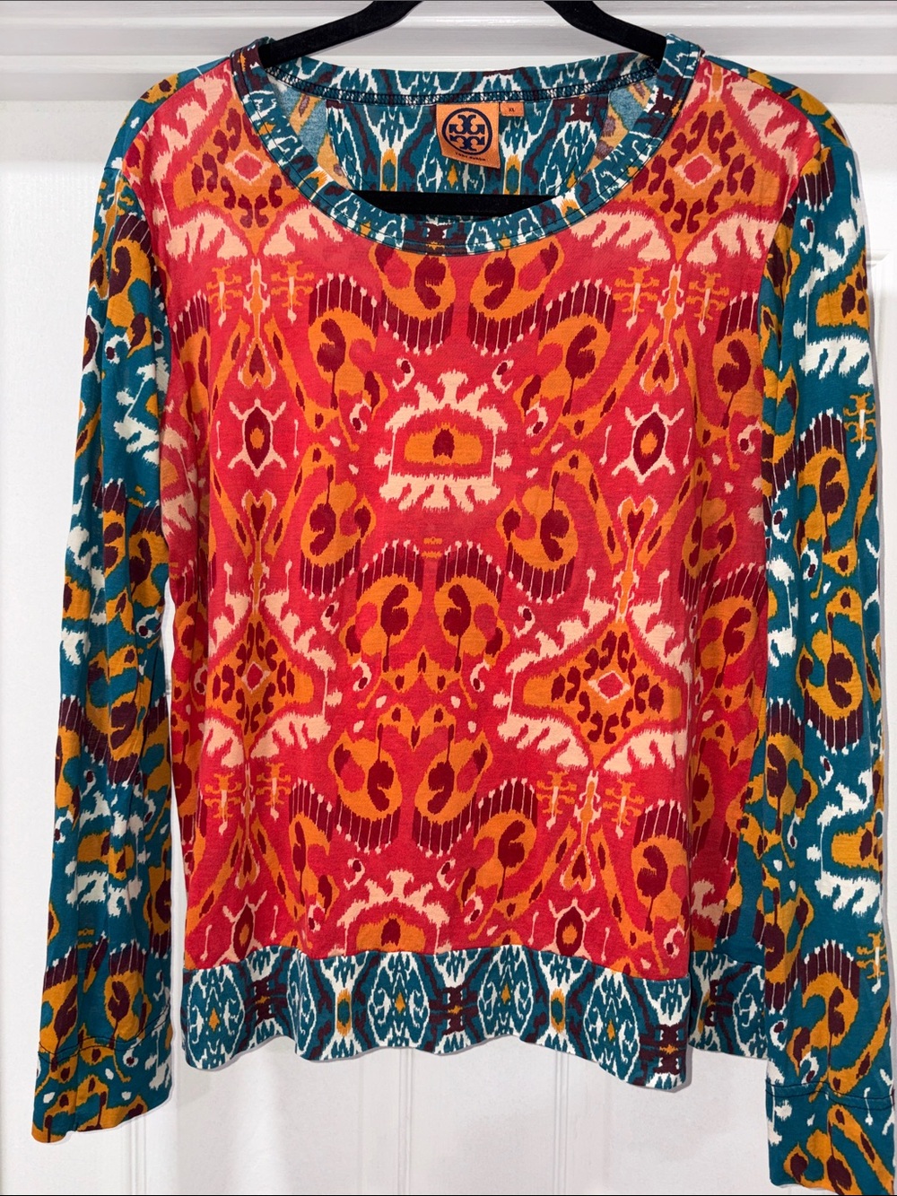 Tory Burch Red, Teal & Mustard Ikat-Print Long Sleeve Top